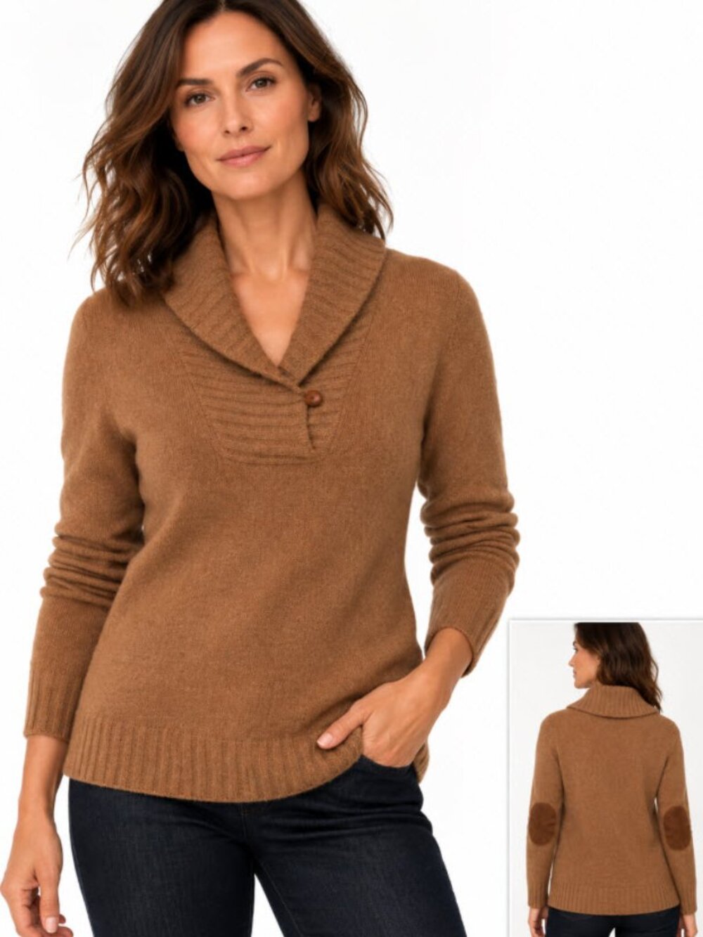Ralph Lauren Rugby 100% Wool Shawl Collar Elbow Patch Sweater Brown S